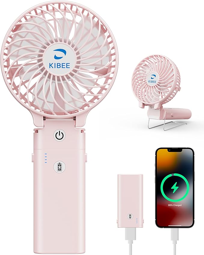 KIBEE 5200mAh Portable Handheld Fan, 20H Max Runtime USB Rechargeable Foldable 180° Mini Personal Fan, 3 Speeds Quiet Cooling Fan with Stand & Power Bank, Travel Outdoor Makeup Concerts (Pink)