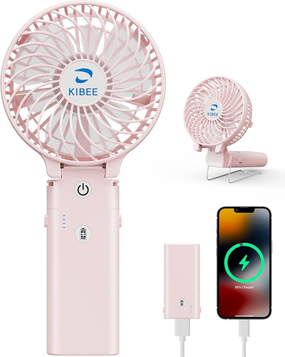 KIBEE 5200mAh Portable Handheld Fan, 20H Max Runtime USB Rechargeable Foldable 180° Mini Personal Fan, 3 Speeds Quiet Cooling Fan with Stand & Power Bank, Travel Outdoor Makeup Concerts (Pink)