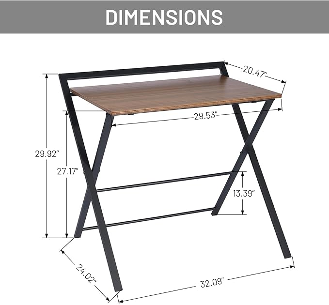 Folding Desk, Foldable Table Space Saving Computer Sturdy Writing Table Workstation for Home Office with Metal Frames/Wood Top Laptop, No Assembly Required, Brown
