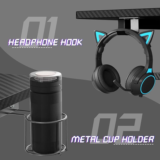 Gaming Desk with Shelves and Outlets, L Shaped Gaming Desk with LED Lights, Reversible L Shaped Computer Desk for Gamer, Carbon Fiber Black, 47"