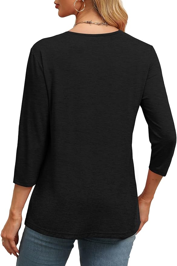 WIHOLL Womens Tops 3/4 Length Sleeve V Neck Casual Tunic Tops Basic Shirts Loose Fit Blouse