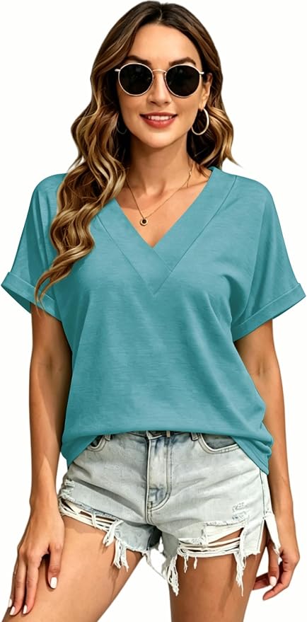 T Shirts Short Sleeve V Neck Tees Womens Tops Beach Vacation Fashion Clothes 2026 Casual Summer Spring Fall Outfits