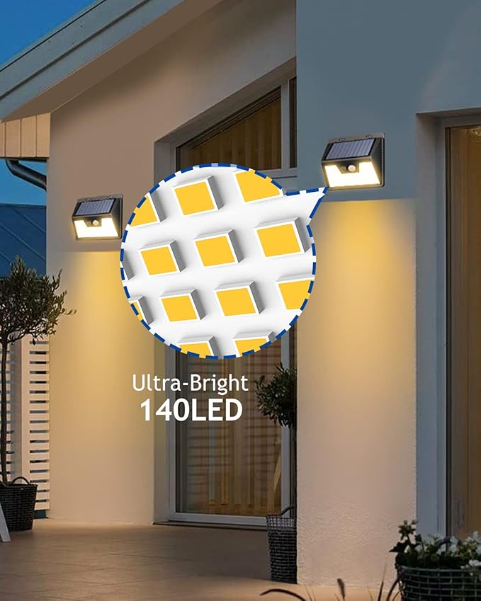 Peasur Solar Lights Outdoor Waterproof [8 Pack/140LED], Warm White Motion Sensor Light Ultra-Bright, 3 Modes Solar Fence Security Lighting for Wall Garden Yard Garage Patio