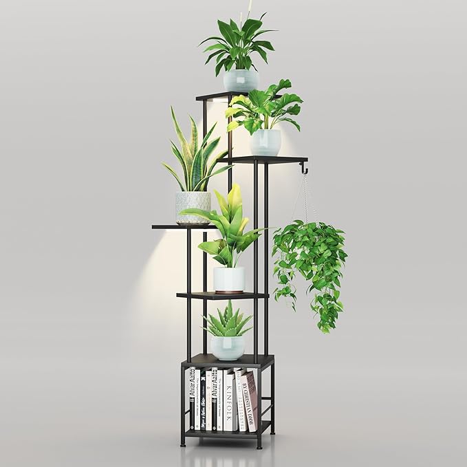 Plant Stand Indoor with Grow Light, 6-Tiered Tall Plant Stand Indoor, Metal Plant Shelf with Hanging Basket Hook and Adjustable Light, Ideal for Living Room, Garden, Patio, Black