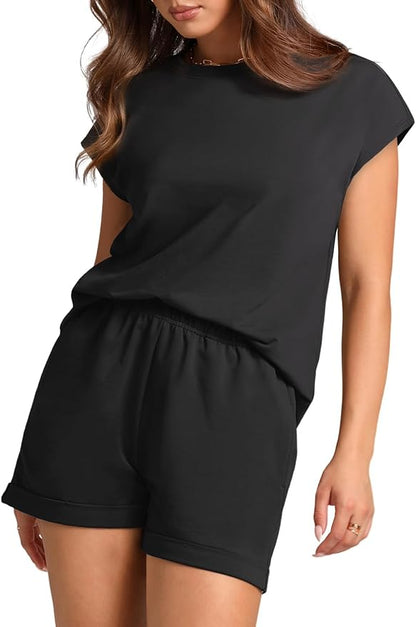 WIHOLL 2 Piece Sets for Women Casual Summer Travel Vacation Outfits Cap Sleeve Shorts Lounge Set