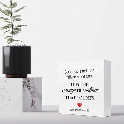 Motivational Wood Box Sign Desk Decor,Success is not Final Failure is not Fatal Wood Plaque Signs,Rustic Positive Wooden Block Sign Decor for Home Office Shelf Desk Table Decoration C1071