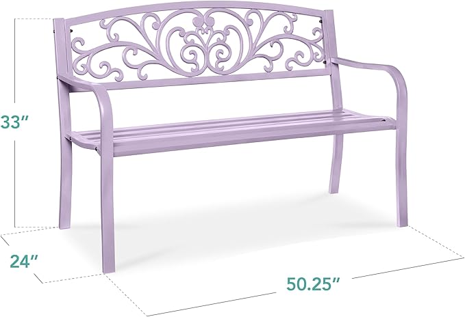 Best Choice Products Outdoor Bench Steel Garden Patio Porch Furniture for Lawn, Park, Deck w/Floral Design Backrest, Slatted Seat - Lavender