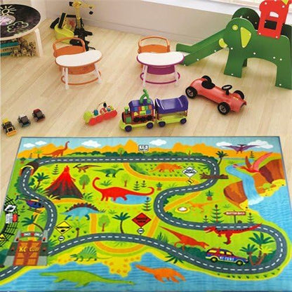 KC Cubs Playtime Collection Dinosaur Dino Safari Road Map Educational Learning & Game Area Rug Carpet for Kids and Children Bedrooms and Playroom (3'3" x 4'7")