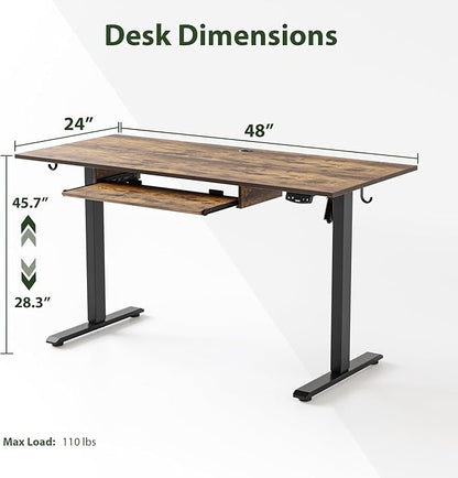 Height Adjustable Desk with Keyboard Tray, 48 x 24 Inches Electric Standing Desk, Stand up Computer Table with Memory Preset, Modern Lift Motorized Gaming Workstation, Rustic Brown