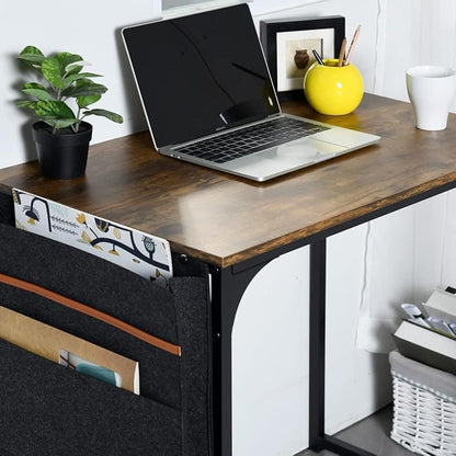 FurnitureR 31.5 inch Small Study Writing Table with Storage Bag Space Saving for Home Office, Modern PC Metal Frame Computer Desk, Black/Brown
