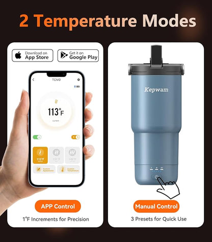 Kepwam Heated Coffee Mug Rechargeable T3, 20oz Self-Heating Travel Mug for Coffee with 1℉ Precise Temperature Control & App, Portable Cup Warmer for Outdoor & Car (Fits Cup Holders)