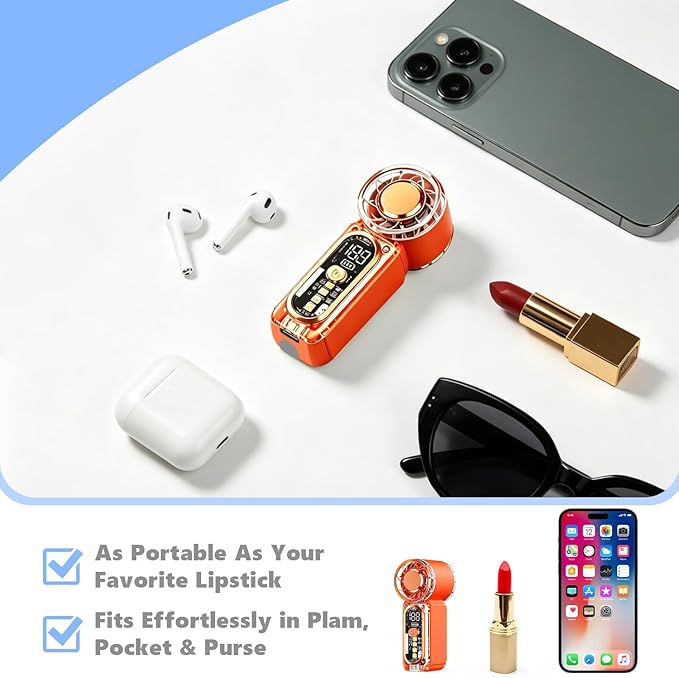 Portable Mini Handheld Fan, 100 Speed Adjustable Pocket Fan with Digital Display, USB-C Rechargeable Personal Fan, Long Battery Life, Small Cooling Fan for Travel(Orange)