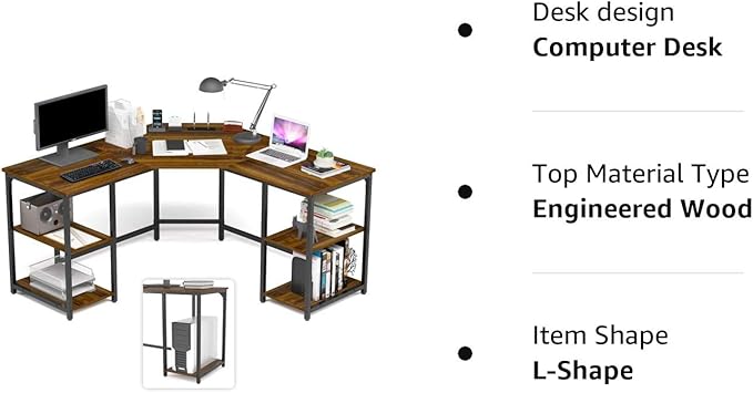 Elephance L-Shaped Desk with Shelves, Computer Corner Desk, Home Office Writing Workstation, Gaming Desk PC Laptop Table with Storage