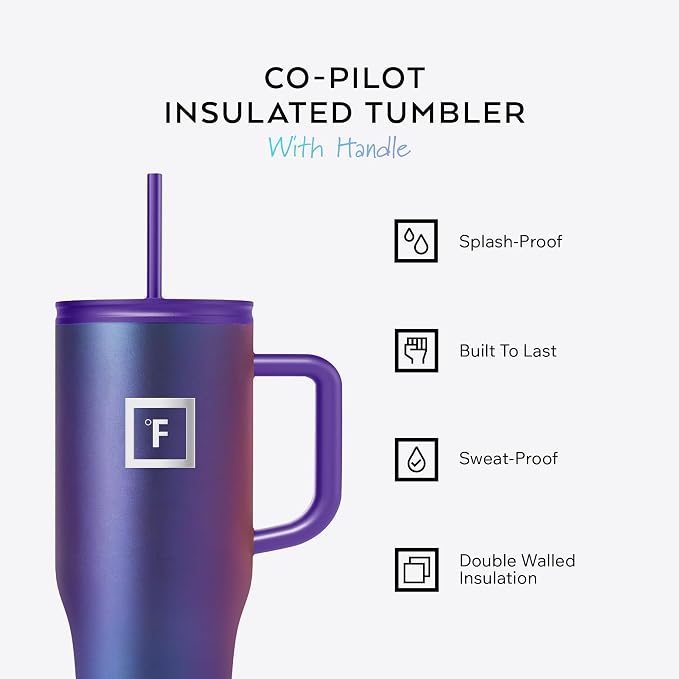 IRON °FLASK 32 oz Co-Pilot Insulated Travel Mug | Insulated Travel Mug with Straw & Flip Cap Lids - Cup Holder Fit, Leakproof, BPA Free (Aurora)