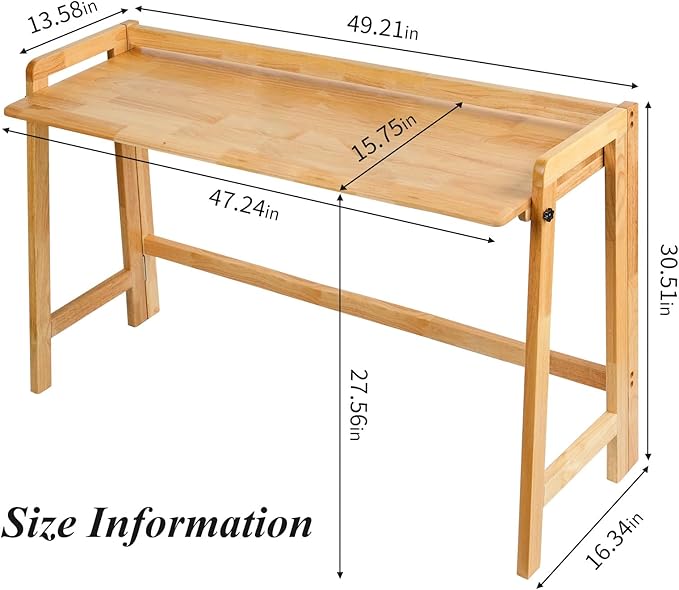 Computer Desk, Foldable Desk, Home Office Desks, Solid Wood Writing Desk, Mid Century Modern Desks, Oak Study Table, Folding Desks for Small Spaces, 47.2 W x 27.6 H x 13.6 D Inches, Natural
