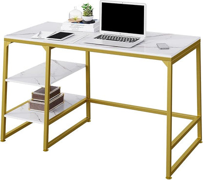 CIVANA Metal Office Desk，43 Inch Small Study Desk,Gold Office Desk with 2 Tier Storage Space，Computer Desk Modern Simple Style，Sturdy Writing Workstation for Home & Office，White Marble + Gold Leg