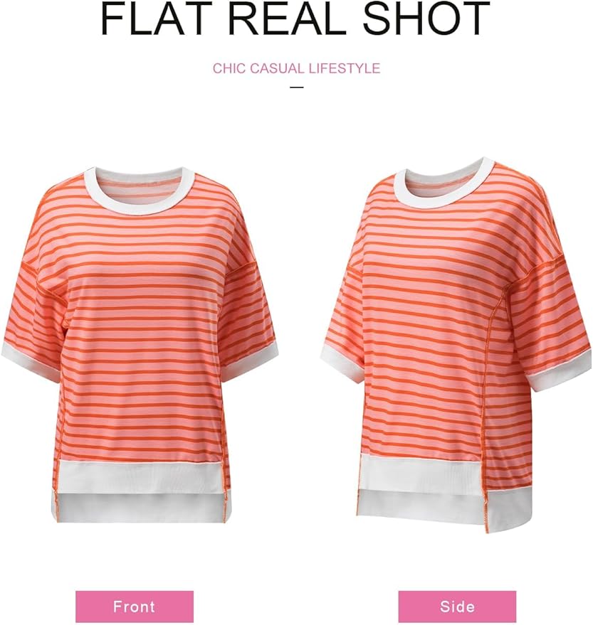 SHEWIN Womens Tops Casual Short Sleeve Sweatshirt Crewneck Striped Shirt Pullover T Shirts Loose Blouses