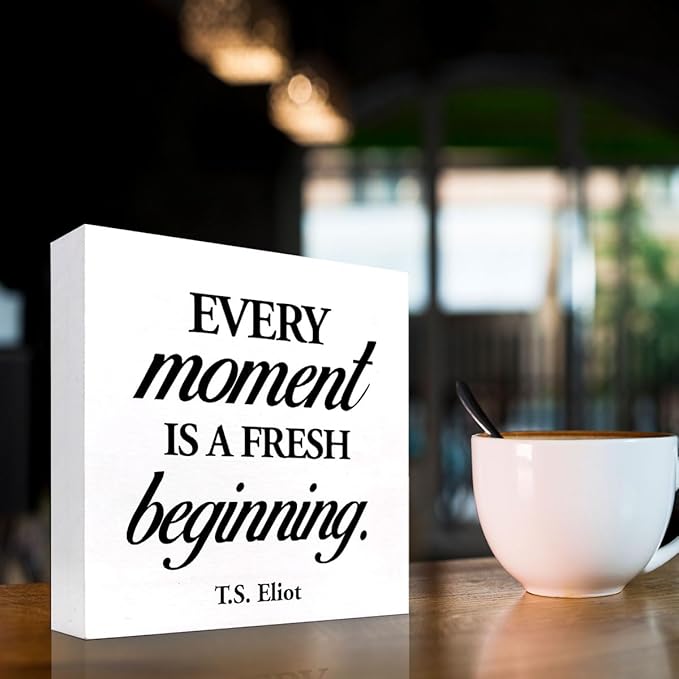 Positive Wood Box Sign Desk Decor,Every Moment is a Fresh Beginning Wood Plaque Signs,Rusti Inspirational Wooden Block Sign Decor for Home Office Shelf Desk Table Decoration C1067