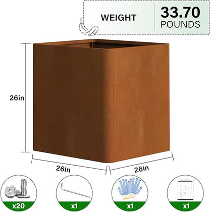 Corten Steel Planter Box 26" L x 26" W x 26" H,Large Metal Square Planter for Outdoor Plants,Metal Cube Flower Pot with Drainage Hole for Porch Hotel Patio Yard