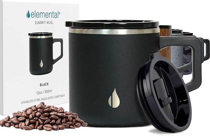 Elemental Insulated Coffee Mug - Triple-Wall Stainless Steel Summit Travel Cup for Hot and Cold Drinks - Thermal Coffee Mug with Lid and Handle for Camping, Office & Travel 12oz - Black