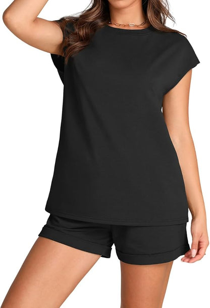 WIHOLL 2 Piece Sets for Women Casual Summer Travel Vacation Outfits Cap Sleeve Shorts Lounge Set