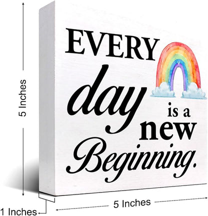 Positive Wood Box Sign Desk Decor,Every Day is a Fresh Beginning Wood Plaque Signs,Rustic Inspirational Wooden Block Sign Decor for Home Office Shelf Table Decoration C1076