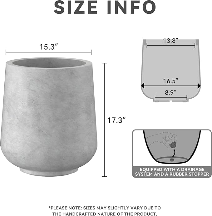 Kante 15.3" Dia Round Concrete Planter, Outdoor Indoor Large Plant Pots Containers with Drainage Hole and Rubber Plug for Home Garden Patio, Natural Concrete
