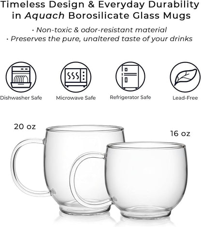 Aquach 16oz Glass Coffee Mugs Set of 2, Clear Borosilicate Tea Cups | Dishwasher & Microwave Safe, Single-walled, for Hot & Cold Beverages, Smooth Rim, Handle Comfort, Crystal Clear Transparency
