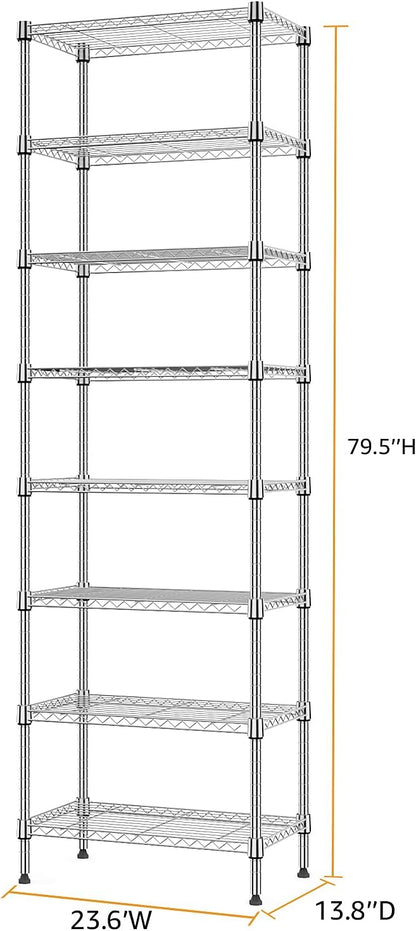 8 Tier 2000 lbs Storage Rack Metal Wire Shelving Unit, Storage Standing Shelf Organizer for Laundry Bathroom Kitchen Pantry Closet Garage Utility Room, Chrome 13.8" D x 23.6" W x 79.5" H