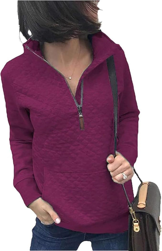 BTFBM Women Fashion Quilted Pattern Lightweight Zipper Long Sleeve Plain Casual Ladies Sweatshirts Pullovers Shirts Tops
