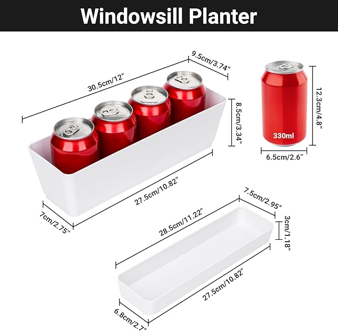 GREANER 12x3.8 Inch Herb Planters, 6 Pack White Rectangle Window Boxes with Tray, Indoor Succulent Cactus Mint Plastic Pot with Saucer for Windowsill, Balcony, Office, Outdoor Garden