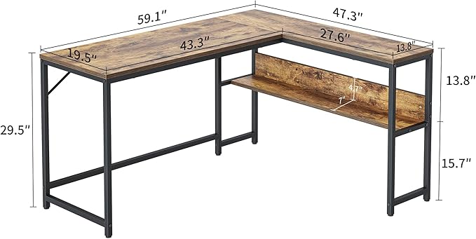 BANTI L Shaped Desk, 55.1 inch Corner Computer Desk with Storage Shelves, Study Writing Table Workstation with Open Shelves for Home Office, Brown