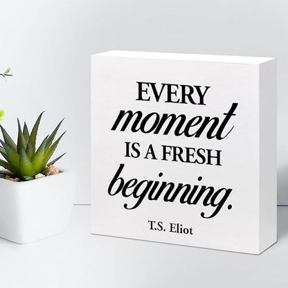 Positive Wood Box Sign Desk Decor,Every Moment is a Fresh Beginning Wood Plaque Signs,Rusti Inspirational Wooden Block Sign Decor for Home Office Shelf Desk Table Decoration C1067