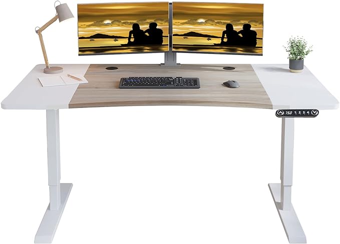 Dual Motor Electric Standing Desk - 63 x 30 Inch Adjustable Height Sit Stand Computer Desk with Splice Board, Stand Up Desk Table for Home Office, White Frame/Oak and White Top(with Radian)