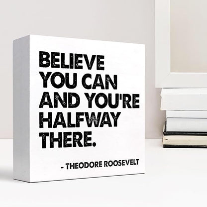 Believe You Can and You're Halfway There Wood Box Signs,Inspirational Wood Plaque Sign Desk Decor,Rustic Positive Wooden Block Sign Decor for Home Office Shelf Table Decoration C1073