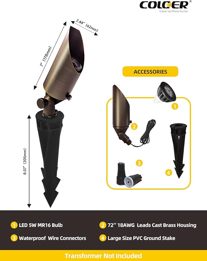 COLOER Brass Landscape Spotlights, 6 Pack Spotlight Fixture Outdoor with 5W Aluminum Housing MR16 LED Bulb 2700K 450LM,12V AC/DC Low Voltage Landscape Lighting,Uplight for Garden and Patio(103B)