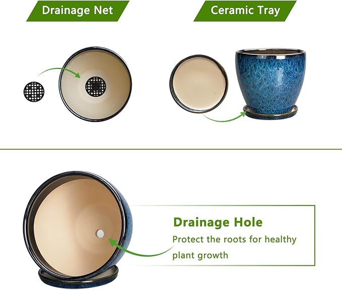 8 Inch Ceramic Planter Pot with Drainage Hole and Saucer, Ceraimc Plant Pot Round Flower Pot for Indoor Plants Outdoor Garden Planter, Blue