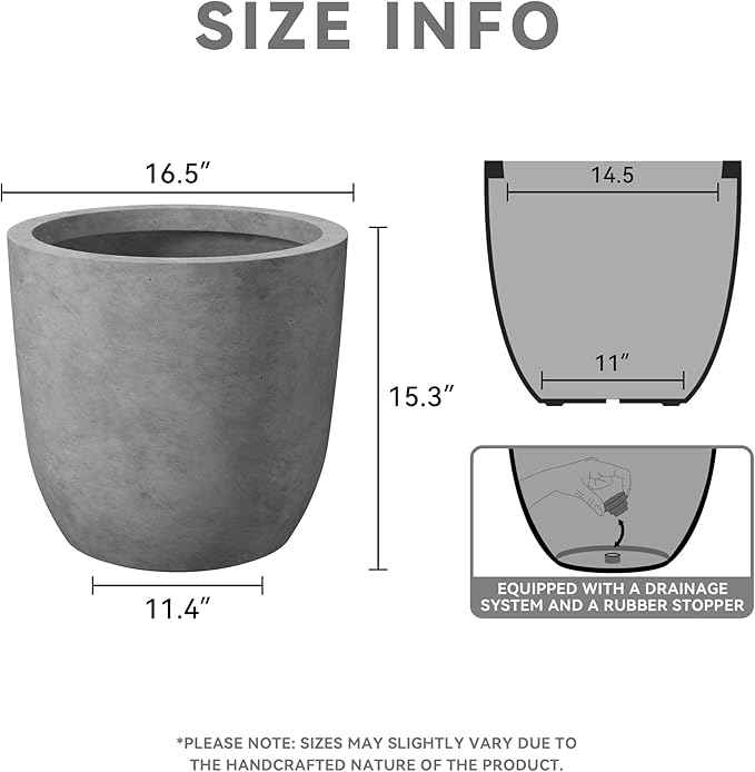 Kante 16.5" Dia Round Concrete Planter, Large Outdoor Modern Indoor Decorative Plant Pots with Drainage Hole and Rubber Plug for Home and Garden, Natural Concrete