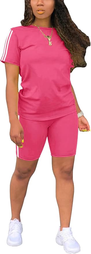 STOLKISS Women 2 piece Short Sets Classic Striped Outfits Summer Casual Short Sleeve T-Shirt and Short Jogger Tracksuits Sets
