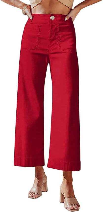 miduo Womens High Waisted Cropped Wide Leg Stretchy Straight Pants Trousers with Pockets