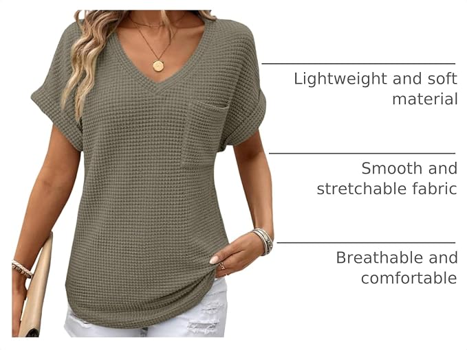 Dokotoo Womens Waffle Knit Tops 2026 Spring Summer V Neck Shirts Casual Trendy Women's Blouses Basic Tee