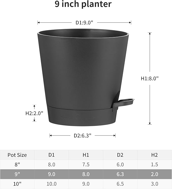 FaithLand 2-Pack 9 Inch Planter Pots for Indoor Outdoor Plants, Self Watering Flower Pots with Deep Reservoir, Black …