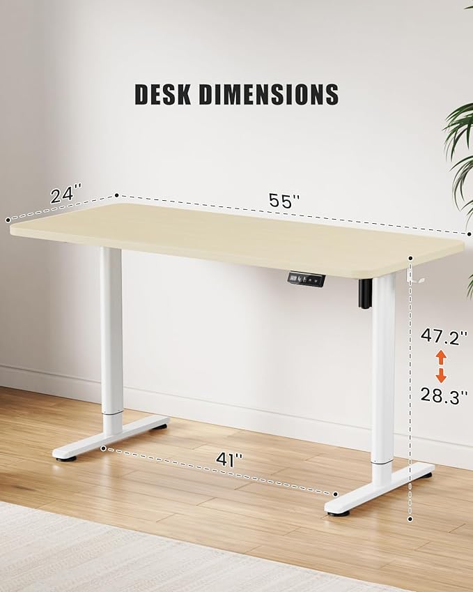 Electric Standing Desk Adjustable Height Stand Up Desk, 55" x 24" Sit Stand Desk, Low Noise Home Office Desk, Computer Desk with Splice Board, Child Lock & Memory Function, Maple