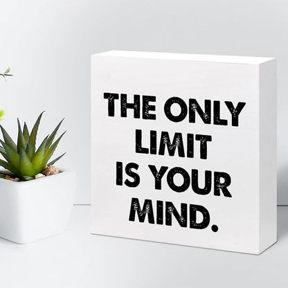 Positive Wood Box Sign Desk Decor,The Only Limit is Your Mind Wood Plaque Signs,Rustic Inspirational Wooden Block Sign Decor for Office Workplace Classroom Shelf Table Decoration C1079