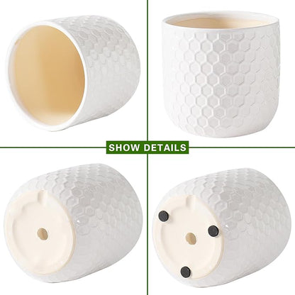 Docrin Ceramic Planters Indoor, 8 Inch Plant Pot with Drainage Holes for Home/Office - White Honeycomb
