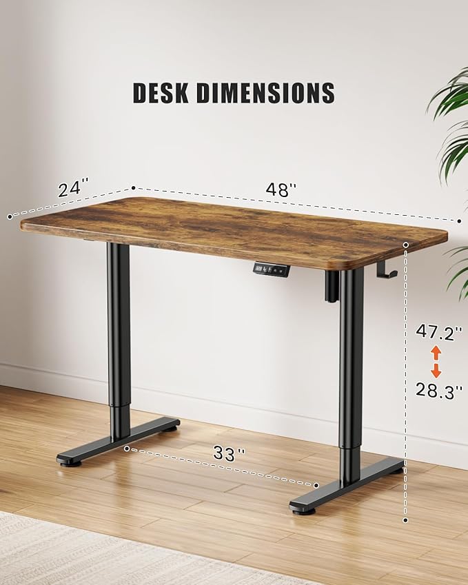 Electric Standing Desk Adjustable Height Stand Up Desk, 48" x 24" Sit Stand Desk, Low Noise Home Office Desk, Computer Desk with Whole-Piece Board, Child Lock & Memory Function, Rustic Brown