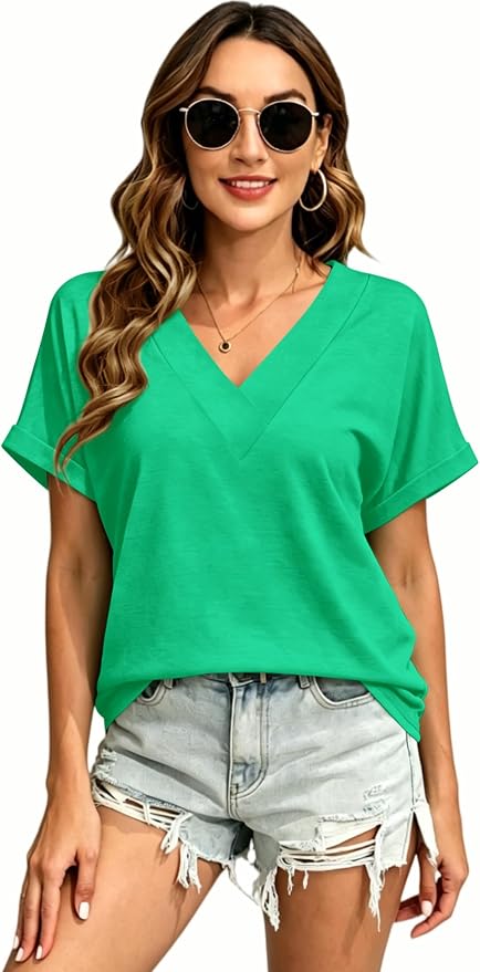 T Shirts Short Sleeve V Neck Tees Womens Tops Beach Vacation Fashion Clothes 2026 Casual Summer Spring Fall Outfits