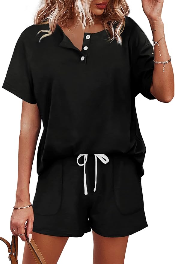 WIHOLL Two Piece Outfits for Women Lounge Sets Button Down Top and Shorts Set Sweatsuits with Pockets
