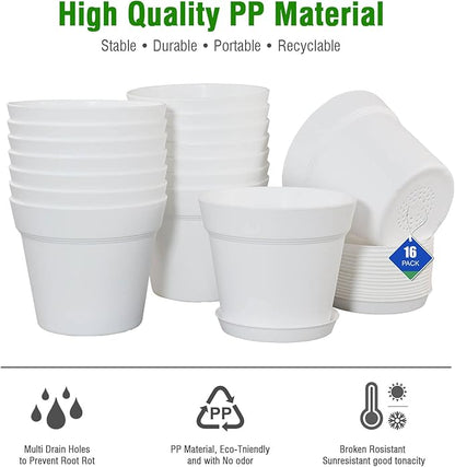 WOUSIWER 16 Pack 6 inch Plastic Planters for Indoor Flower Pots, Heavy Duty and Stylish 6 Inch Plant Pots for Indoor Plants with Drainage Holes and Tray for Plants, Flowers, White