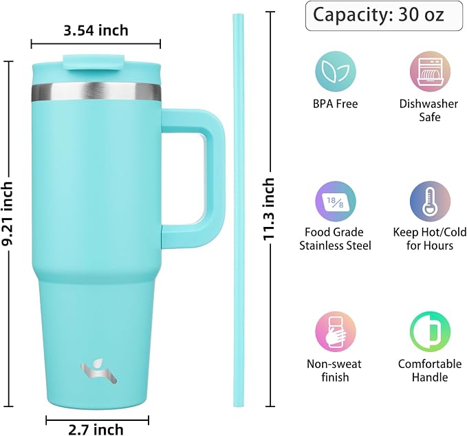 Konokyo 30 oz Insulated Tumbler Water Bottle with Handle, Straw Lid | BPA-free and dishwasher safe; made for gym, travel, coffee and gifting, 2 straws, cup holder friendly,Turquoise